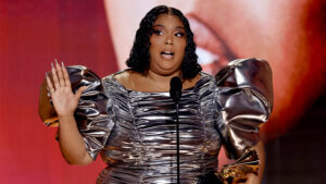 LOS ANGELES, CALIFORNIA - FEBRUARY 05: Lizzo accepts the Record Of The Year award for “About Damn Time” onstage during the 65th GRAMMY Awards at Crypto.com Arena on February 05, 2023 in Los Angeles, California. (Photo by Kevin Winter/Getty Images for The Recording Academy)